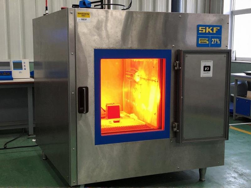 AI-controlled quenching reduces bearing spalling failures by 27% SKF heat treatment process showing vacuum furnace with thermal imaging overlay